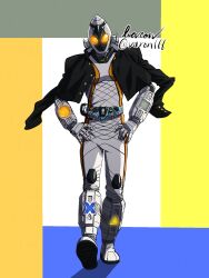  1boy antennae armor astro_switch astronaut baron_(varon666) base_states belt black_jacket bodysuit clenched_hand compound_eyes fourze_driver full_body gakuran gloves hand_on_own_hip helmet highres jacket jacket_on_shoulders kamen_rider kamen_rider_fourze kamen_rider_fourze_(series) looking_at_viewer male_focus mask orange_eyes rider_belt school_uniform solo standing switches tokusatsu 