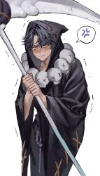  1boy anger_vein angry biting_own_lip black_cloak black_hair blush chamuring cloak commentary_request cookie_run embarrassed highres holding holding_scythe hood hood_up hooded_cloak jewelry korean_commentary licorice_cookie looking_at_viewer male_focus necklace orange_eyes scythe simple_background skull_necklace spoken_anger_vein trembling white_background wide_sleeves 