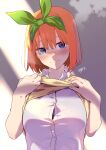  1girl @_@ blue_eyes blush breasts closed_mouth collared_shirt commentary embarrassed eyebrows_hidden_by_hair eyelashes frown full-face_blush go-toubun_no_hanayome green_ribbon hair_between_eyes hair_ribbon hands_up head_tilt highres kckcdkkn large_breasts lifted_by_self looking_at_viewer medium_hair nakano_yotsuba orange_hair ribbon school_uniform shirt signature simple_background solo straight-on straight_hair sweatdrop sweater_vest upper_body vest_lift visible_air white_shirt yellow_sweater_vest 
