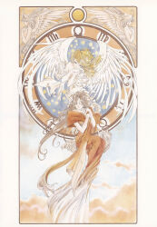 1990s_(style) 2girls aa_megami-sama absurdres angel angel_wings antenna_hair art_nouveau bandeau belldandy blonde_hair blue_sky brown_hair closed_eyes clouds dress earrings facial_mark feathered_wings forehead_mark fujishima_kousuke highres holy_bell hoop_earrings jewelry long_dress long_hair multiple_girls non-web_source official_art orange_dress own_hands_clasped own_hands_together retro_artstyle scan self-scan skuld_(aa_megami-sama) sky star_(symbol) urd_(aa_megami-sama) white_wings wings zodiac zodiac_wheel 