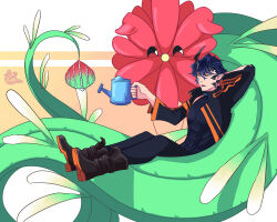  1boy absurdres arknights bard_cookie blue_hair boots creature flamebringer_(arknights) flower highres holding holding_watering_can horns lobotomy_corporation material_growth muscular muscular_male oripathy_lesion_(arknights) porccubus project_moon relaxing watering_can yellow_eyes 
