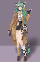  1girl 8-ball absurdres animal_ears animal_print bag bell belt black_belt black_choker black_gloves black_hairband black_nails black_ribbon black_sclera black_skirt brown_coat brown_shoes can character_name choker closed_mouth coat collared_shirt colored_sclera commentary corvuscabal cow_ears cow_girl cow_horns cow_print cow_tail cowbell crelly_(vtuber) cube_hair_ornament dice dr_pepper drink_can ear_tag fang fingerless_gloves fingernails full_body gloves green_hair grey_background grey_sclera hair_ornament hair_over_shoulder hairband hairclip handbag heterochromia highres holding holding_can horns indie_virtual_youtuber long_hair long_sleeves mismatched_sclera mismatched_socks mole mole_under_mouth nail_polish neck_bell neck_ribbon open_clothes open_coat red_eyes ribbon shirt shoes skin_fang skirt smile soda_can solo standing tail tamagotchi_(virtual_pet) unfinished virtual_pet_(toy) virtual_youtuber waving white_eyes white_shirt 