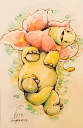  antennae flower full_body looking_at_viewer lying meganium negoto_o0zz no_humans on_back open_mouth pokemon pokemon_(creature) pokemon_focus smile solo tail yellow_eyes 