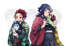  2boys belt black_hair black_jacket black_pants blue_eyes buttons checkered_haori creature demon_slayer_uniform earrings english_text gold_buttons hanafuda_earrings haori high_collar holding holding_creature jacket japanese_clothes jewelry kamado_tanjirou kikkoumon kimetsu_no_yaiba light_blush long_hair low_ponytail male_focus multiple_boys pants parted_lips ponytail print_haori red_haori smile spiky_hair teeth tobidayooon tomioka_giyuu upper_teeth_only watermark white_background white_belt 