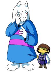  1girl 1other 2023 2d ambiguous_gender animal_ears ankle_boots anthro barefoot blue_sweater blush_stickers boots brown_boots brown_hair child cosplay costume_switch delta_rune_(symbol) delta_rune_print digital_media double_horizontal_stripe droopy_ears fangs female floppy_ears frisk_(undertale) frisk_(undertale)_(cosplay) full_body furry furry_female goat goat_ears goat_girl goat_horns hand_on_own_face height_difference horizontal-striped_clothes horns human long_sleeves mammal monster monster_girl one_eye_closed pink_stripes purple_robe red_boots robe short_hair simple_background size_difference smile standing striped_clothes striped_sweater sweater toriel toriel_(cosplay) two-tone_shirt undertale utdr_(toby_fox) white_fur white_horns zeeetto007 