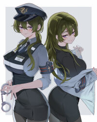  1girl absurdres black_dress black_pantyhose blue_shirt blush breasts cuffs dress green_hair handcuffs highres jacket jmx_(j_m_x) large_breasts long_hair looking_at_viewer multiple_views pantyhose pencil_skirt police police_uniform policewoman shirt short_sleeves skirt sousou_no_frieren ubel_(sousou_no_frieren) violet_eyes walkie-talkie 