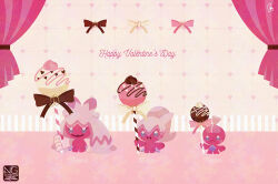  bow brown_bow candy chocolate closed_mouth colored_skin evolutionary_line fangs food holding holding_candy holding_food holding_lollipop lollipop meme_(sleepsheep) open_mouth pink_bow pink_skin pokemon pokemon_(creature) pokemon_focus skin_fangs smile tinkatink tinkaton tinkatuff white_bow 