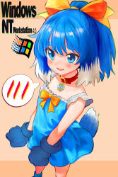 1girl absurdres animal_collar animal_ears animal_hands blue_dress blue_eyes blue_gloves blue_hair blush bow collar dog_ears dog_girl dog_tail dress fang floppy_ears gloves highres inu-t long_hair nt-tan open_mouth os-tan paw_gloves paw_shoes ponytail ress ribbon short_dress sleeveless sleeveless_dress smile solo spoken_blush sundress tail tsukiyono_aroe windows_logo yellow_bow yellow_ribbon 