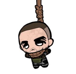  1boy :< bulletproof_vest buzz_cut camouflage chibi chibi_only chibigurumi chinese_commentary closed_mouth commentary_request fukurau full_body lowres male_focus noose short_hair simple_background snow_camouflage solo stalker_(game) stalker_2:_heart_of_chornobyl strider_(stalker) t-pose very_short_hair white_background white_eyes 