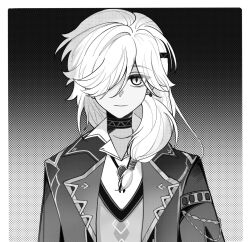  1boy cyno_(duolingo)_(genshin_impact) cyno_(genshin_impact) dark-skinned_male dark_skin genshin_impact gloves greyscale hair_over_one_eye hand_up highres long_hair looking_at_viewer male_focus monochrome open_mouth simple_background smile white_hair 