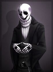 1boy 2016 2d belt black_belt black_coat border coat cowboy_shot digital_media grey_background grey_border hole_in_hand hollow_eyes humanoid male male_focus male_only monster monster_boy own_fingers_together own_hands_together rb_(sparkleee-sprinkle) shadow simple_background solo sweater turtleneck turtleneck_sweater undertale utdr_(toby_fox) w.d._gaster white_sweater