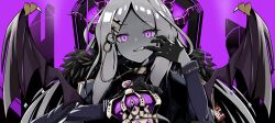  1girl absurdres black_coat black_gloves blue_archive coat coat_on_shoulders demon_girl demon_horns demon_wings fang gloves highres hina_(blue_archive) horns king_(vocaloid) long_hair looking_at_viewer poklow violet_eyes vocaloid white_hair wings 