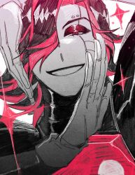 1boy 2022 2d android black_hair close_up digital_media gloves grin hair_over_one_eye half-closed_eye humanoid humanoid_robot lazuen01 looking_at_viewer making-of_available male male_focus male_only mettaton mettaton_ex pauldrons pink_eyes robot robot_boy short_hair simple_background smile solo undertale utdr_(toby_fox) white_background white_gloves