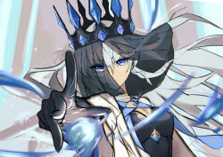  1girl black_dress black_gloves blue_eyes crown dress fate/grand_order fate_(series) gloves hair_between_eyes highres illustresearch long_hair looking_at_viewer morgan_le_fay_(fate) morgan_le_fay_(queen_of_winter)_(fate) ponytail simple_background solo spikes veil very_long_hair white_hair 