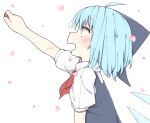  1girl ahoge arm_up blue_bow blue_hair blue_vest blush bow cherry_blossoms cirno commentary_request detached_wings from_side hair_bow ice ice_wings kae_karee medium_hair open_mouth petals pink_background short_sleeves simple_background smile solo touhou upper_body vest wings 
