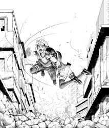  1boy 1girl boruto:_naruto_next_generations city commentary_request debris dirty dirty_clothes dirty_face energy_ball facial_mark forehead_protector glasses greyscale hatching_(texture) headband highres hug jacket matsu_(fu6ide2) monochrome naruto_(series) open-toe_boots open_mouth pants rasengan rubble shorts smoke twitter_username uchiha_sarada uzumaki_boruto whisker_markings 