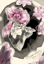 1girl absurdres animal_ears artist_name blue_eyes carbink character_name closed_mouth colored_sclera colored_skin commentary_request diancie english_commentary english_text eye_contact full_body gem geode grey_sclera grey_skin hand_up happy highres long_hair looking_at_another looking_down mixed-language_commentary outline pink_eyes pink_hair pokemon pokemon_(creature) rock signature smile twintails yueryu_(taroyuer2) 