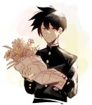  1boy black_eyes black_hair black_jacket blush bouquet closed_mouth commentary english_commentary flower gakuran hair_between_eyes holding holding_bouquet holding_flower jacket kageyama_ritsu long_sleeves looking_at_viewer male_focus mob_psycho_100 mp100days school_uniform short_hair simple_background smile solo uniform upper_body white_background 