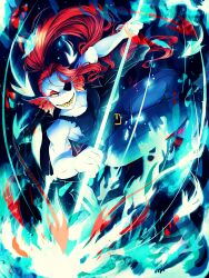  1girl 2016 2d absurdres anthro black_background black_eyepatch black_tank_top blue_pants blue_skin colored_sclera colored_skin commentary dark_background digital_media dynamic_pose ear_fins english_commentary eyepatch female female_only fins fish fish_girl glowing glowing_weapon gradient_background head_fins high_ponytail highres holding holding_polearm holding_spear holding_weapon huge_filesize invidiata large_filesize long_hair monster monster_girl pants polearm ponytail red_hair sharp_teeth slit_pupils solo spear tank_top teeth torn_clothes torn_tank_top undertale undyne utdr_(toby_fox) weapon yellow_sclera 