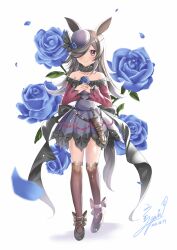  1girl animal_ears back_bow belt black_bow black_collar black_hat black_shoes black_thighhighs blue_dress blue_flower blue_petals blue_rose bow bowler_hat brown_belt closed_mouth collar collarbone commentary_request dagger dated detached_collar dress falling_petals flower flower_on_head footwear_bow full_body hair_over_one_eye hands_on_own_chest hat horse_ears horse_girl horse_tail knife lace-trimmed_thighhighs lace_trim legs_apart light_blush long_hair looking_at_viewer off-shoulder_dress off_shoulder one_eye_covered petals quin_(himegata_alice) rice_shower_(rosy_dreams)_(umamusume) rice_shower_(umamusume) rose shoes signature simple_background smile solo tail thigh-highs umamusume violet_eyes weapon white_background 