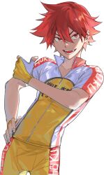  1boy bike_jersey commentary cowboy_shot cycling_uniform fingerless_gloves gloves hair_between_eyes hand_on_own_hip highres kaohom503_2 looking_at_viewer male_focus naruko_shoukichi open_mouth red_eyes red_hair short_hair simple_background solo teeth white_background yowamushi_pedal zipper zipper_pull_tab 