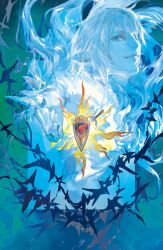  1boy closed_mouth commentary_request earclip elezen elf final_fantasy final_fantasy_xiv hangleing haurchefant_greystone looking_at_viewer male_focus pointy_ears print_shield shield solo sword unicorn unicorn_print weapon 