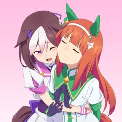  2girls animal_ears black_gloves black_ribbon brown_hair closed_eyes commentary_request ear_covers gloves hair_ornament headband horse_ears horse_girl horse_tail hug hug_from_side multicolored_hair multiple_girls nuzzle one_eye_closed orange_hair pink_background purple_ribbon purple_wrist_cuffs ribbon silence_suzuka_(innocent_silence)_(umamusume) silence_suzuka_(umamusume) special_week_(special_dreamer)_(umamusume) special_week_(umamusume) star_(symbol) star_hair_ornament tail two-tone_hair umamusume white_hair white_headband wrist_cuffs yokkest yuri 
