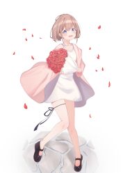  1girl :d absurdres black_shoes blue_eyes blush bouquet brown_hair collarbone commentary_request dress flower full_body highres holding holding_bouquet jacket looking_at_viewer no_socks off_shoulder open_clothes open_jacket original petals pink_jacket red_flower red_rose riya_(01214) rose shoes short_hair simple_background sleeveless sleeveless_dress smile solo standing standing_on_one_leg white_background white_dress 
