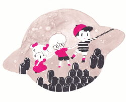  1girl 2boys ana_(mother) baseball_cap commentary_request dress glasses hair_ribbon hat limited_palette lloyd_(mother) magicant mother_(series) mother_1 multiple_boys ninten painting_(medium) ribbon round_eyewear shirt short_sleeves striped_clothes striped_shirt tanba_(tanba-art) traditional_media twintails ufo watercolor_(medium) 