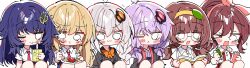  6+girls absurdres black_hair black_shirt blonde_hair book bow braid brown_hair character_request chinese_commentary commentary_request copyright_request cup drinking_straw fork glasses hairband highres holding holding_book holding_cup holding_fork holding_notepad holding_pencil kizuna_akari long_hair multiple_girls necktie notepad one_eye_closed orange_bow pencil plate ponytail purple_hair red_necktie red_suspenders shirt showaru_tensai_osananajimi_to_no_shobu_ni_makete_hatsutaiken_wo_zenbu_ubawareru_hanashi umezono_komaki vocaloid voiceroid white_hair white_shirt yoshizawa_wakaba yuzuki_yukari zhanzhangzlw 