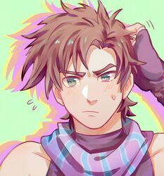  1boy 2608337875 asymmetrical_hair battle_tendency blue_scarf blush brown_hair fingerless_gloves flying_sweatdrops gloves green_eyes highres jojo_no_kimyou_na_bouken joseph_joestar joseph_joestar_(young) male_focus messy_hair purple_scarf scarf scratching_head solo sweatdrop 