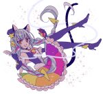  1girl animal_ears ayumaru_(art_of_life) blue_gloves blue_hair braid cat_ears cat_tail cure_cosmo dress elbow_gloves extra_ears full_body fur-trimmed_gloves fur_trim gloves hat holding holding_pen long_hair looking_at_viewer magical_girl mini_hat mini_top_hat multicolored_clothes multicolored_hair multicolored_skirt open_mouth pen pink_hair precure rainbow_skirt simple_background skirt smile solo star_color_pen star_twinkle_precure tail tail_ornament tail_ring top_hat twin_braids twintails very_long_hair white_background yellow_eyes yuni_(precure) 