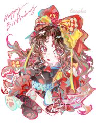  1girl absurdres argyle_bow artist_name bead_bracelet beads black_hair bow bowtie bracelet brown_eyes chinese_commentary commentary_request creature crimson_rhapsody_(infinity_nikki) cropped_torso dress esseling_(infinity_nikki) eyelashes facepaint felispirit_sack_(infinity_nikki) frilled_sleeves frilled_wrist_cuffs frills hair_between_eyes hair_bow hair_ribbon happy_birthday highres hime_lolita holding holding_creature infinity_nikki jewelry large_bow lolita_fashion long_hair luochu_(aniya32098) multiple_hair_bows nikki_(series) pawpads puffy_short_sleeves puffy_sleeves red_bow red_dress red_ribbon red_wrist_cuffs ribbon short_sleeves simple_background two-tone_bow two-tone_ribbon variant_set very_long_hair wavy_hair white_background wrist_cuffs yellow_bow yellow_bowtie yellow_ribbon 