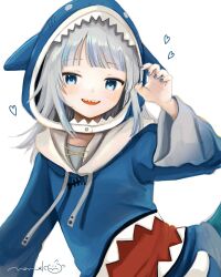  1girl animal_hood aqua_eyes blue_hoodie blue_nails claw_pose fingernails gawr_gura gawr_gura_(1st_costume) grey_hair hand_up hashtag-only_commentary heart highres hololive hololive_english hood hoodie long_sleeves multicolored_hair nail_polish nena_labo open_mouth print_hoodie shark_hood sharp_teeth signature simple_background smile solo streaked_hair teeth upper_body virtual_youtuber white_background 