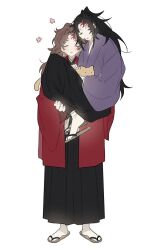  2boys black_hair black_hakama brothers carrying carrying_person cat closed_eyes earrings fingernails flower full_body hakama hanafuda_earrings haori high_ponytail japanese_clothes jewelry kimetsu_no_yaiba kimono long_hair male_focus multiple_boys parted_lips pink_flower ponytail purple_kimono red_haori sal_gun sandals siblings simple_background socks spiky_hair standing tsugikuni_michikatsu tsugikuni_yoriichi twins very_long_hair white_background white_socks 