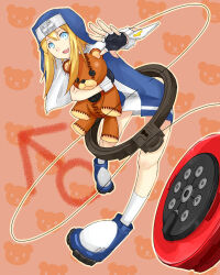  1boy :d akuse animal_background ankle_boots black_gloves blonde_hair blue_boots blue_eyes blue_veil blue_vest boots bridget_(guilty_gear) brown_background button_eyes buttons commentary cross cross_print dynamic_pose fingerless_gloves foot_up_heel_up foreshortening full_body gloves guilty_gear guilty_gear_xx guimpe holding holding_stuffed_toy hugging_object incoming_attack kneehighs large_teddy_bear latin_cross leaning_to_the_side long_sidelocks looking_at_viewer male_focus mars_symbol nun object_belt open_hand open_mouth outline oversized_object patterned_background print_wrist_cuffs reaching reaching_towards_viewer roger_(guilty_gear) shirt short_hair short_hair_with_long_locks sidelocks sleeveless sleeveless_shirt smile socks standing standing_on_one_leg stitches string stuffed_animal stuffed_toy symbol-only_commentary teddy_bear teeth throwing_yo-yo trap two-sided_veil upper_teeth_only veil vest white_shirt white_socks white_trim white_wrist_cuffs wrist_cuffs yellow_outline yo-yo 