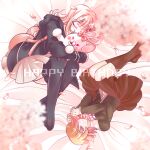  1boy 1girl animal_bag backpack bag bed_sheet bini_(xocolatl_501) black_jacket black_thighhighs blush_stickers brown_hair brown_skirt cat_bag closed_eyes closed_mouth danganronpa:_trigger_happy_havoc danganronpa_(series) danganronpa_2:_goodbye_despair dated ear_bow flipped_hair fujisaki_chihiro galaga green_jacket hair_ornament happy_birthday hood hood_down hooded_jacket jacket long_sleeves lying medium_hair miniskirt monomi_(danganronpa) nanami_chiaki on_side petals pink_bag pleated_skirt short_hair skirt smile thigh-highs 