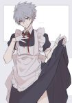  1boy apron closed_mouth crossdressing gloves grey_background grey_hair hand_on_own_chest highres maid maid_apron male_focus multicolored_background nagisa_kaworu neon_genesis_evangelion red_eyes short_hair short_sleeves sketch smile solo spiky_hair white_background white_gloves yuki_fumuke 