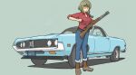  1girl absurdres boots braid breasts brown_footwear brown_hair car ford ford_ranchero green_background green_eyes gun hair_behind_ear highres holding holding_gun holding_weapon license_plate looking_down medium_breasts motor_vehicle omochi_(ricecake9322) original pickup_truck rifle shadow solo sunglasses truck vehicle_focus weapon weapon_request 