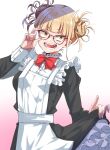  1girl adjusting_eyewear alternate_costume apron bespectacled black_dress blunt_bangs boku_no_hero_academia bow bowtie bright_pupils buttons clothes_lift collared_dress commentary cowboy_shot double_bun dress enmaided fangs fingernails frilled_apron frilled_dress frills glasses gradient_background hair_bun hand_up highres lifted_by_self long_sleeves looking_to_the_side maid maid_apron messy_hair open_mouth petticoat pink_background red-framed_eyewear red_bow red_bowtie sharp_fingernails shinonome_mozuku skirt skirt_lift sleeve_cuffs solo teeth toga_himiko tsurime two-tone_dress upper_body white_apron white_background white_dress yellow_eyes 