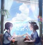  2girls animal_ears aoniyoshi blue_sailor_collar braid brown_hair closed_eyes crossover eating food french_braid fubuki_(kancolle) highres holding holding_spoon horse_ears horse_girl kantai_collection low_ponytail multicolored_hair multiple_girls plate ponytail puffy_short_sleeves puffy_sleeves sailor_collar school_uniform serafuku short_hair short_ponytail short_sleeves sidelocks smile special_week_(umamusume) spoon tracen_school_uniform two-tone_hair umamusume white_hair 