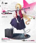  1girl blonde_hair blue_skin blue_skirt character_name colored_skin crossover eyes_visible_through_hair full_body girls_frontline hair_over_one_eye highres holding holding_microphone jacket letterman_jacket light_green_hair long_hair long_sleeves looking_at_viewer microphone multicolored_hair necktie nikaidou_saki official_art orange_hair orange_necktie ponytail red_eyes skirt smile stitched_leg stitches streaked_hair zombie zombie_land_saga 