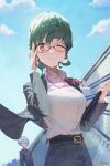  1girl :&gt; anosillus_ii breasts character_request closed_mouth glasses green_hair gridman_universe highres m.q_(mqkyrie) one_eye_closed redhead smile solo_focus ssss.dynazenon 