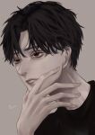  1boy artist_name black_hair brown_background brown_eyes hand_up highres male_focus original parted_lips portrait short_hair you_you_(sunhare) 