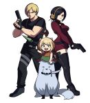  1boy 2girls ada_wong ada_wong_(cosplay) alternate_hair_color anya_(spy_x_family) ashley_graham ashley_graham_(cosplay) black_hair blonde_hair bond_(spy_x_family) boots breasts cosplay dog dress earrings fingerless_gloves frown gloves green_eyes gun hairband hairpods handgun high_heel_boots high_heels highres holding holding_gun holding_rocket_launcher holding_weapon jewelry knife leon_s._kennedy leon_s._kennedy_(cosplay) medium_breasts mouth_hold multiple_girls muscular muscular_male on_head red_eyes red_scarf red_sweater resident_evil resident_evil_4 resident_evil_4_(remake) ribbed_dress scarf serious short_dress spy_x_family sweater sweater_dress thigh_boots tina_fate turtleneck_dress twilight_(spy_x_family) weapon yellow_hairband yor_briar zettai_ryouiki 