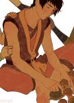 1boy artist_name avatar:_the_last_airbender avatar_legends bare_arms barefoot black_hair eledsart fingernails hand_on_another&#039;s_shoulder highres indian_style male_focus petting scar scar_across_eye sitting smile soles turtle_duck white_background zuko 
