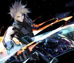  1boy armor black_gloves blonde_hair buster_sword closed_mouth cloud_strife cofffee final_fantasy final_fantasy_vii final_fantasy_vii_remake gloves holding holding_sword holding_weapon huge_weapon male_focus pauldrons ribbed_sweater shoulder_armor single_bare_shoulder sleeveless sleeveless_turtleneck solo spiky_hair sweater sword turtleneck turtleneck_sweater vambraces weapon 