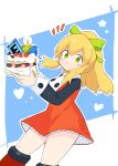  1girl absurdres blonde_hair blush cake closed_mouth commission dress energy_tank feet_out_of_frame food food_on_face green_eyes green_ribbon hair_between_eyes hair_ribbon highres holding holding_food long_hair long_sleeves mega_man_(classic) mega_man_(series) ponytail red_dress ribbon roll_(mega_man) sidelocks solo strawberry_shortcake tatutaniyuuto 