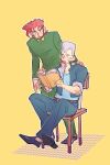  2608337875 2boys absurdres aged_down blue_eyes book chair cropped_jacket earrings gakuran highres jean_pierre_polnareff jewelry jojo_no_kimyou_na_bouken kakyoin_noriaki male_focus multiple_boys reading redhead school_uniform sitting stardust_crusaders violet_eyes 