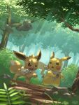  absurdres arbok bush clothed_pokemon eevee forest grass hakkentai_pokedan highres nature no_humans open_mouth outdoors pikachu pokemon pokemon_(creature) rock shrub signature tree walking watermark 